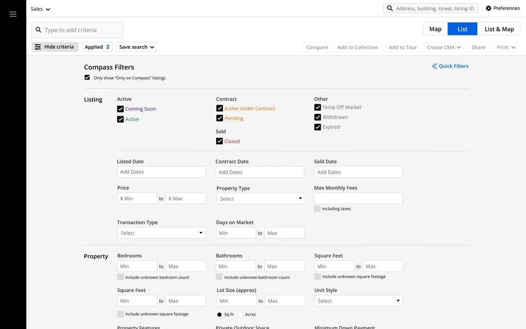 Compass agent search with the full criteria panel open