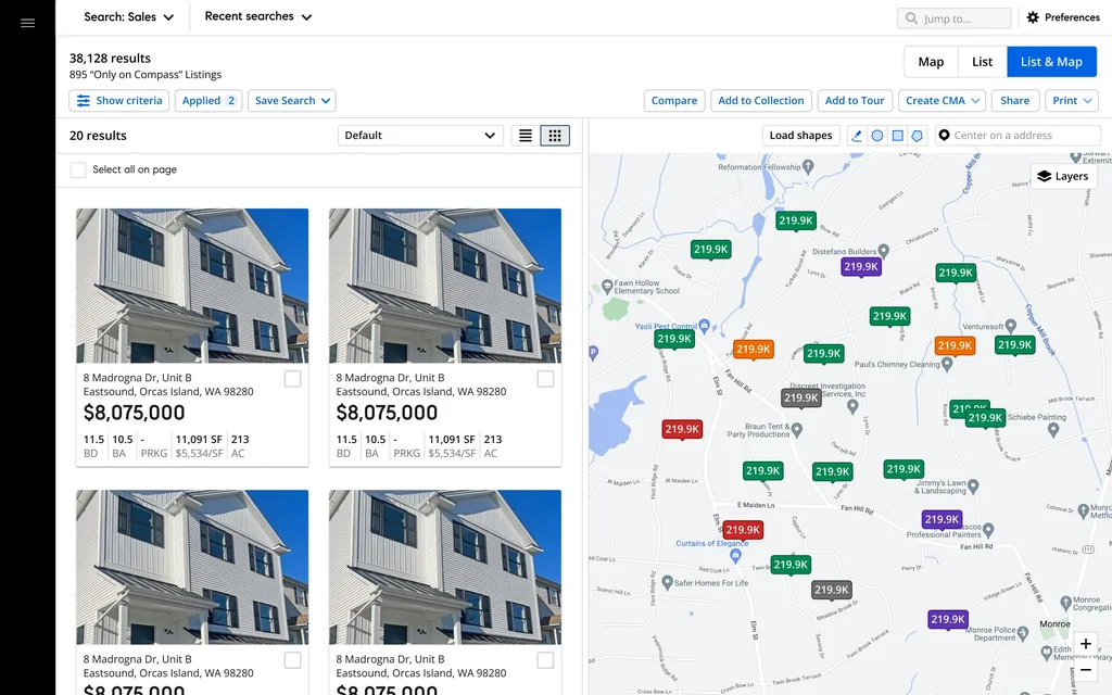Compass agent search: listing cards beside a map of priced pins, with criteria, saved searches and actions above
