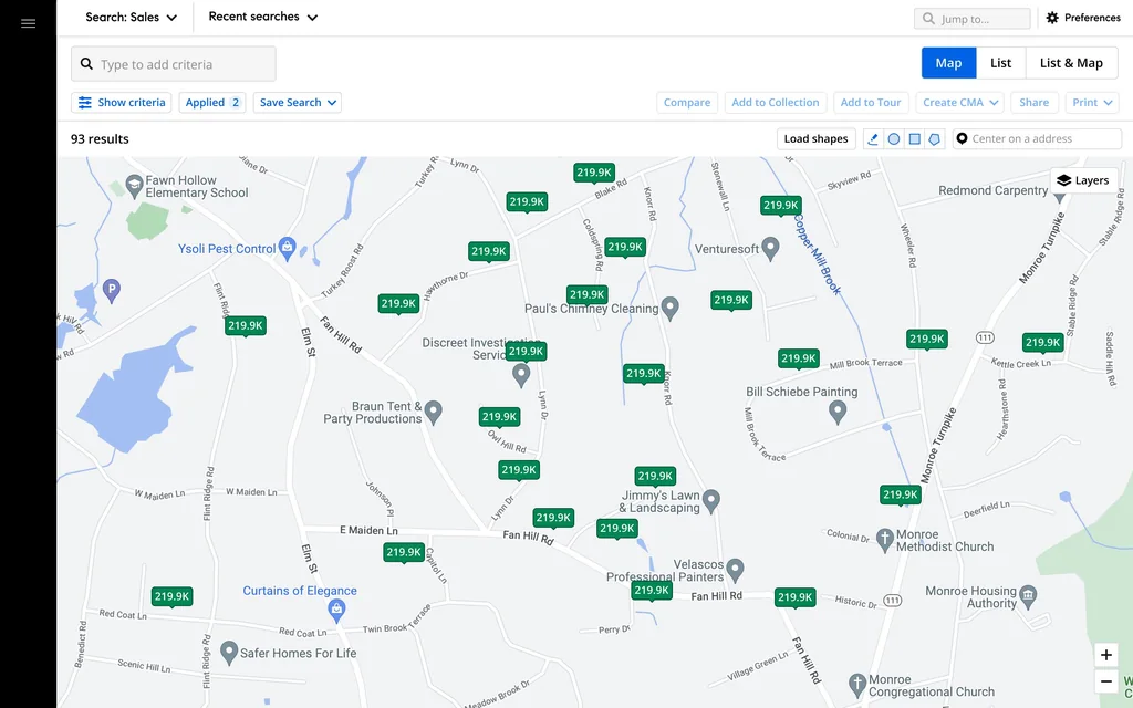 Compass agent search as a full map of priced pins