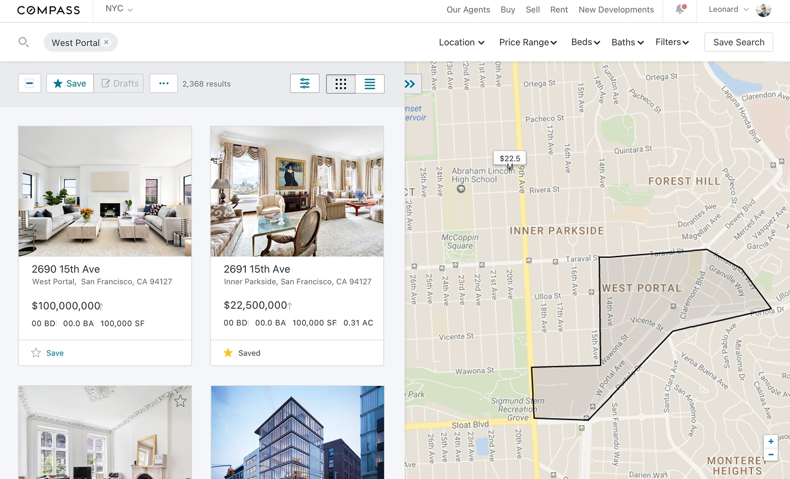 The earlier Compass agent search: listing photos beside a map, a search bar with a few dropdowns, like the consumer sites
