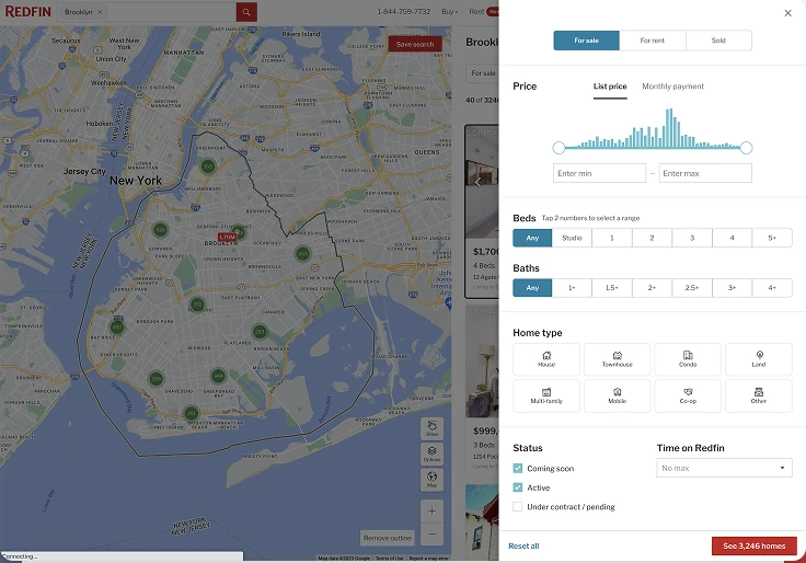 Redfin filters: a side panel with price, beds, baths and home type