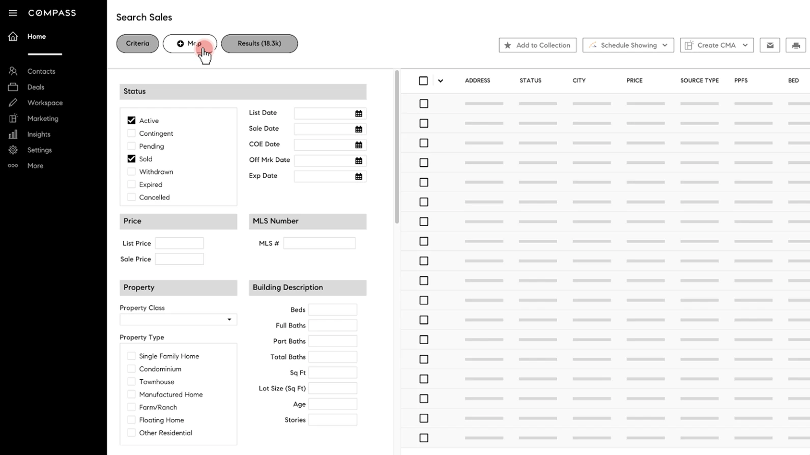 A low fidelity wireframe: search criteria beside a results table